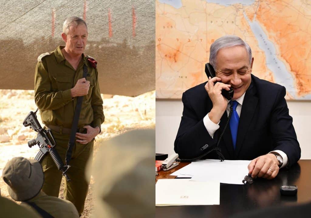 Benjamin Gantz in military fatiugues, carrying a rifle, next to a photo of Benjamin Netanyahu sitting at a desk smiling while talking on a telephone.