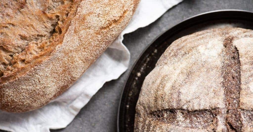Two homemade loaves of sourdough bread