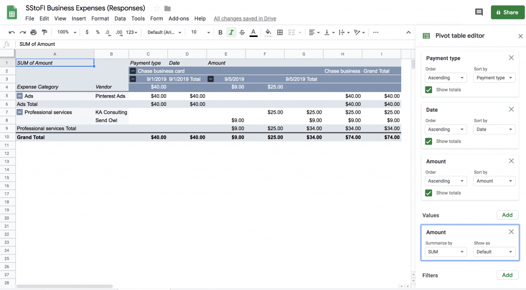 Create a new Pivot table from your responses generated from a Google Form for tracking expenses.