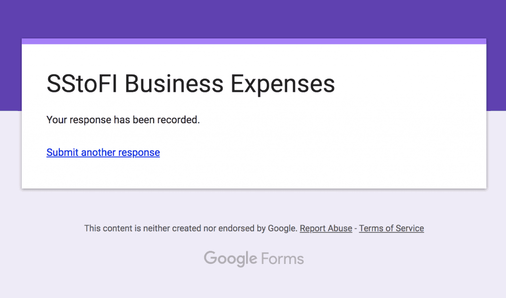 Screencap of the popup displayed after you have filled out your expense within your mobile Google Form.