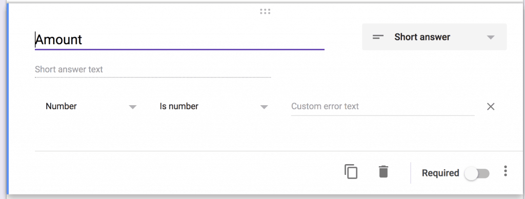 Screenshot how to create your amount value as a number in Google Forms for tracking daily spending.