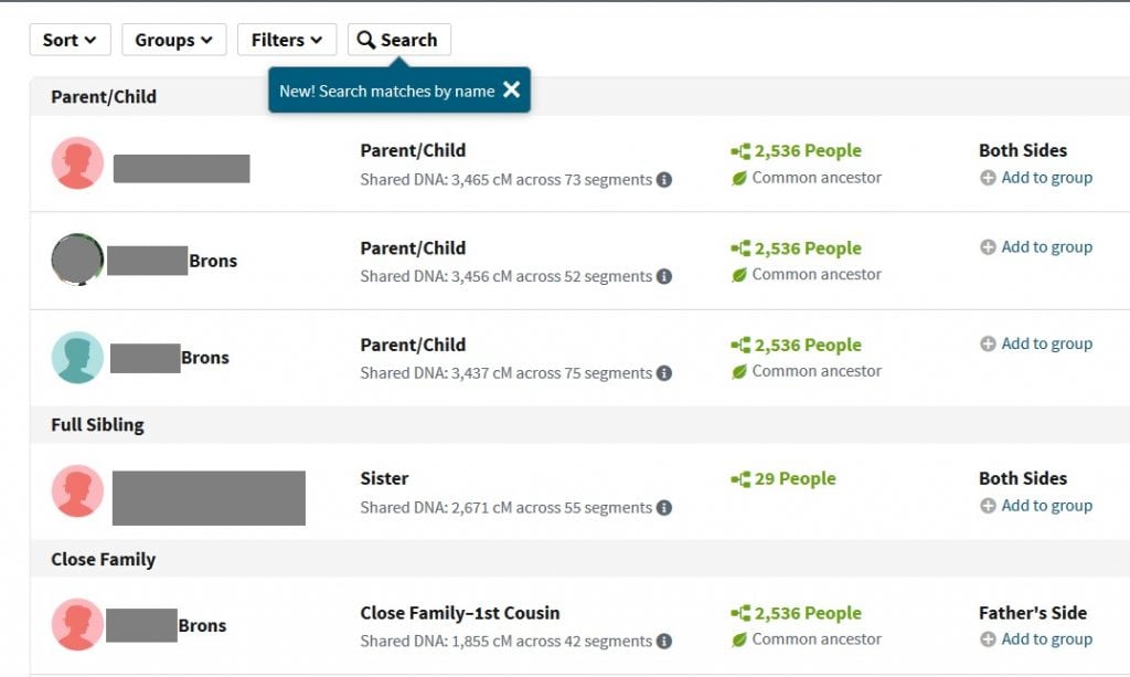 This is an example of DNA relatives on Ancestry DNA results