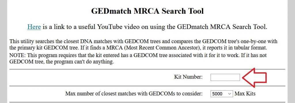 This image is a screenshot of the MRCA Search Tool on Gedmatch - the field where you should enter your kit number is the first field. It's shown with a red arrow in the image
