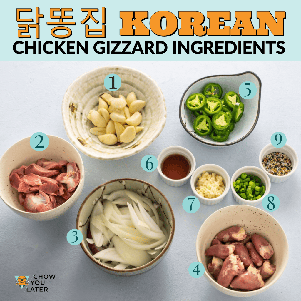 9 Korean Chicken Gizzard Ingredients Spread out on off white background