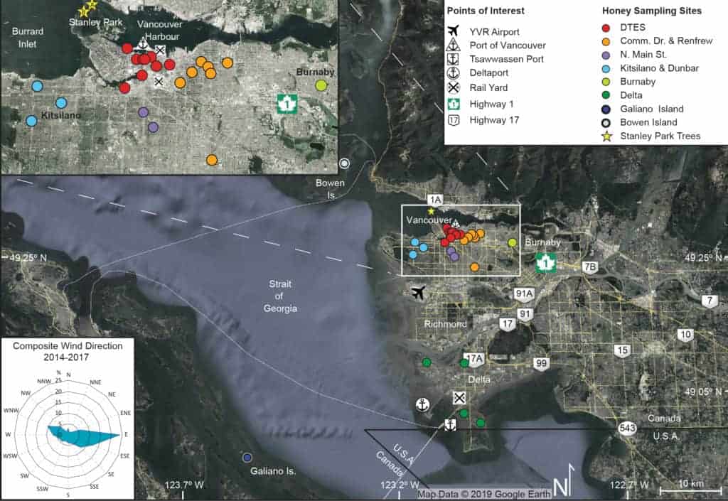 Map showing locations of the sampled for this study and possible sources of manmade trace elements. Source: Smith et al., 2019
