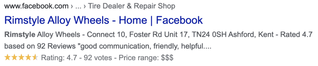 Example of Facebook Star rating on desktop search results.