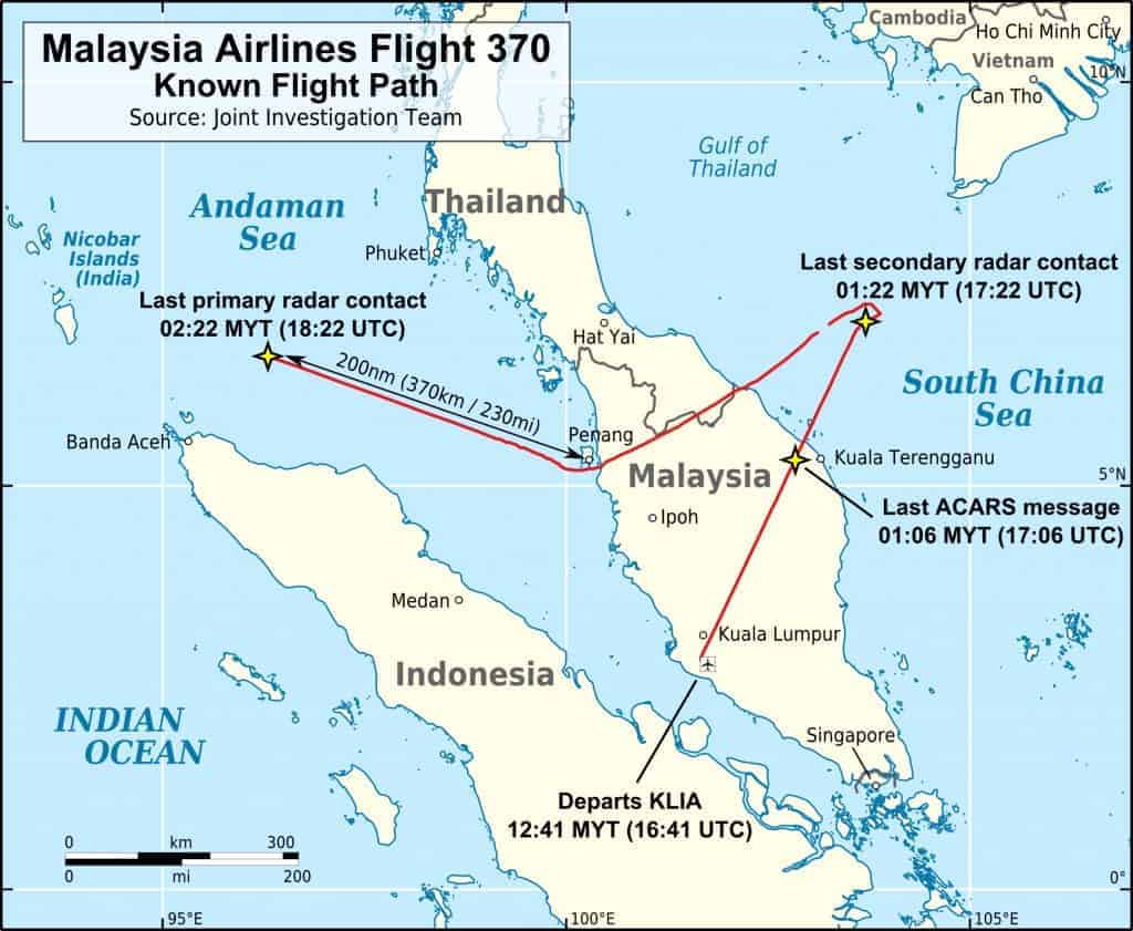 MH370 Flight Path With English Labels