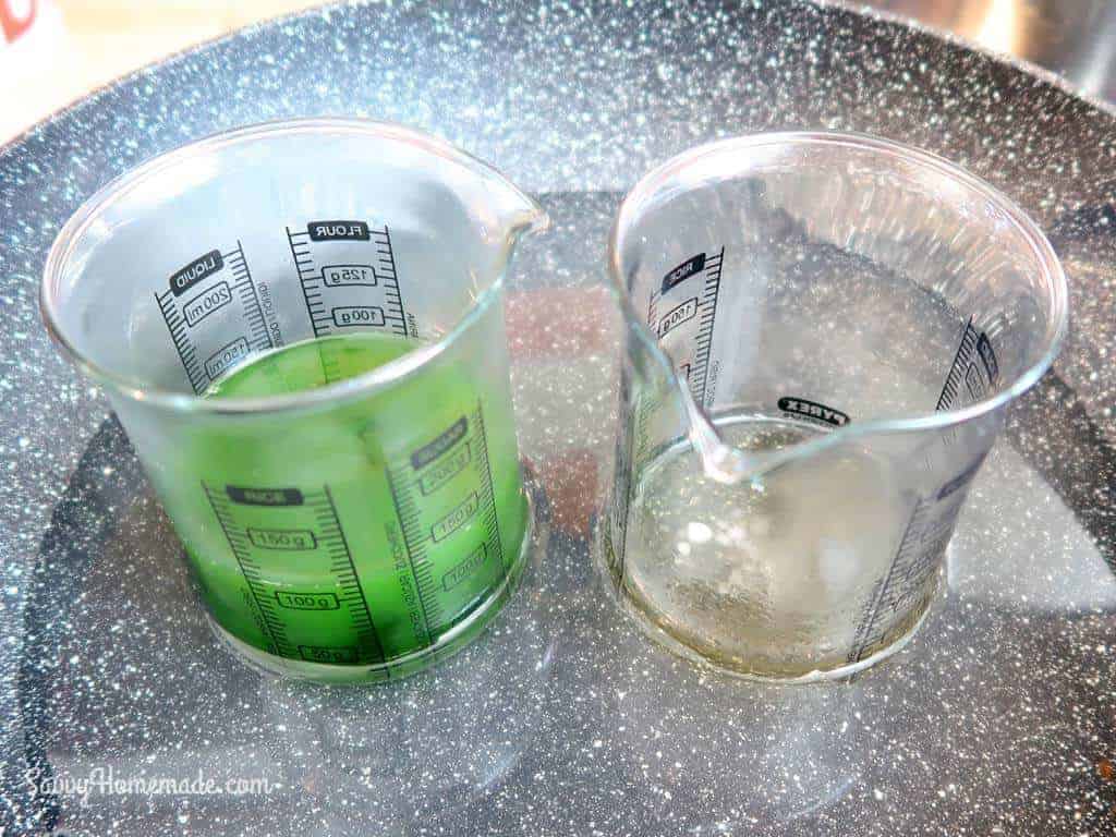 Just before everything is melted, pop your water parts beaker into the water bath with your oils beaker.