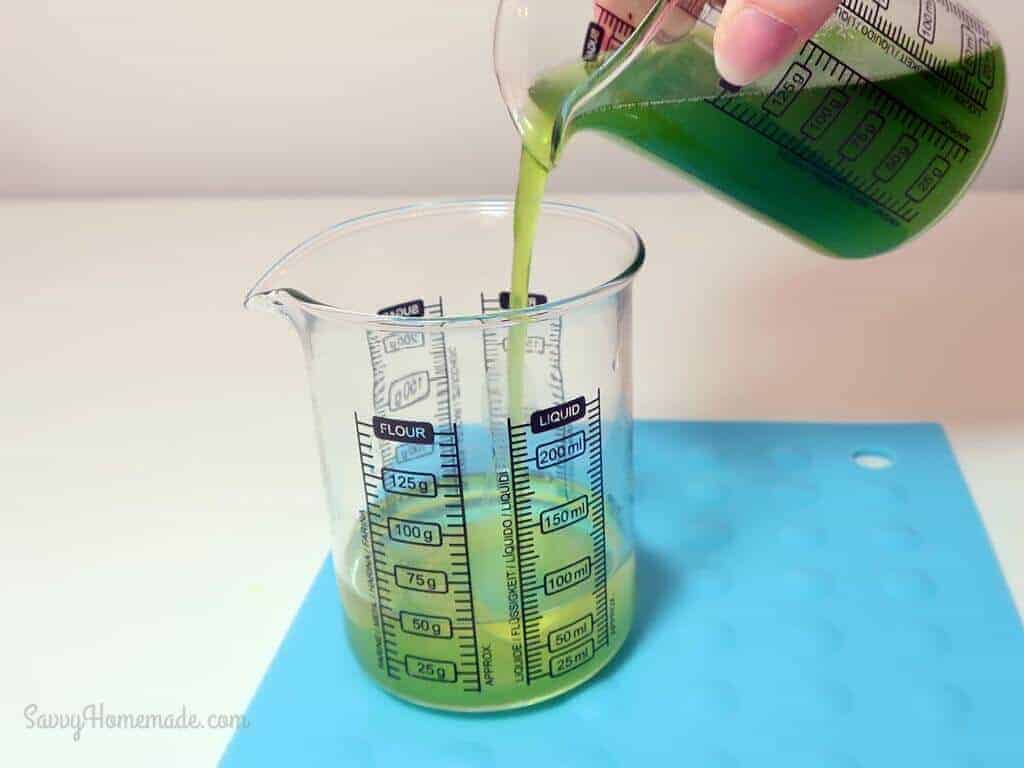 Remove from the heat, Then pour your water parts into the oil parts and whisk thoroughly.