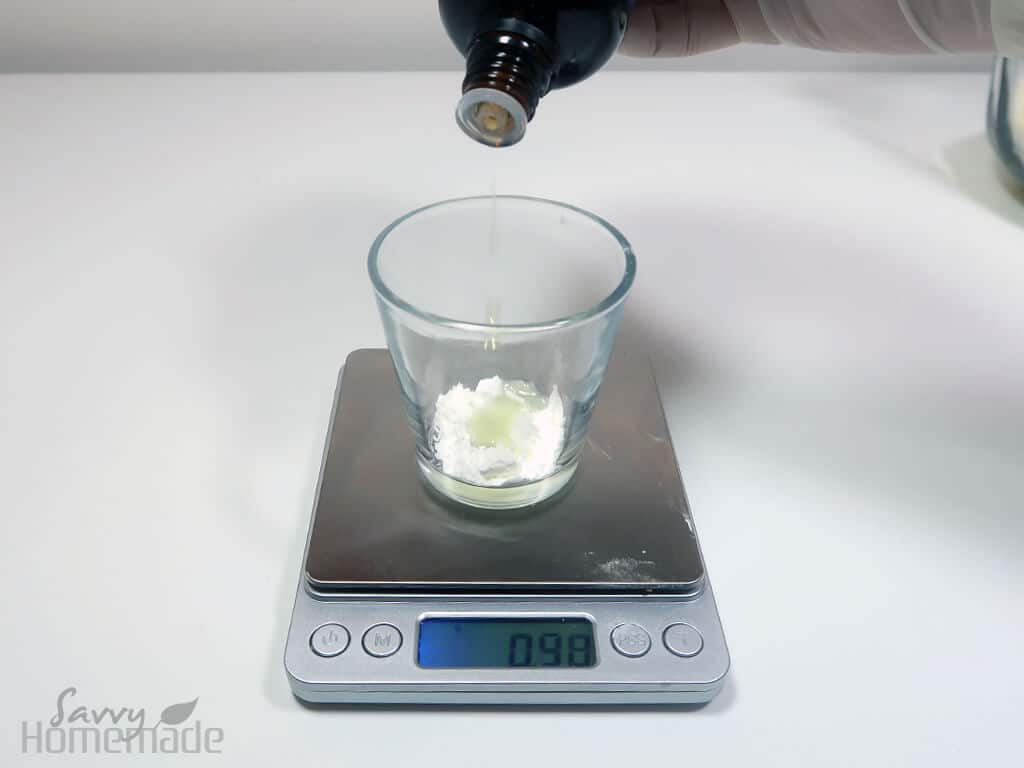 How to make bath salts - Step 4: Weigh your cornflour, and then add the fragrance oil