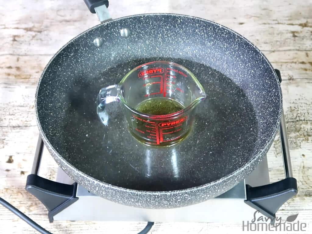 Vegan lip balm recipe step 2: Your hard ingredients should take around 15-20 minutes to melt