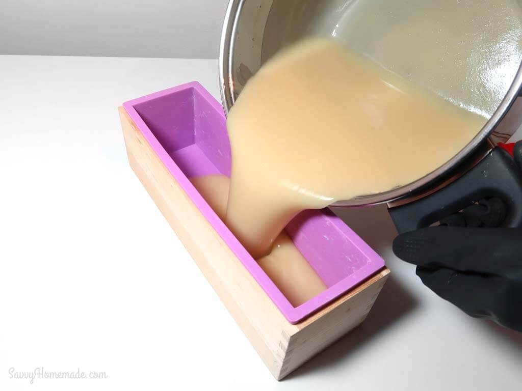 How to make soap: Once you have reached trace, pour the mixture into your chosen mold, working quickly but carefully.