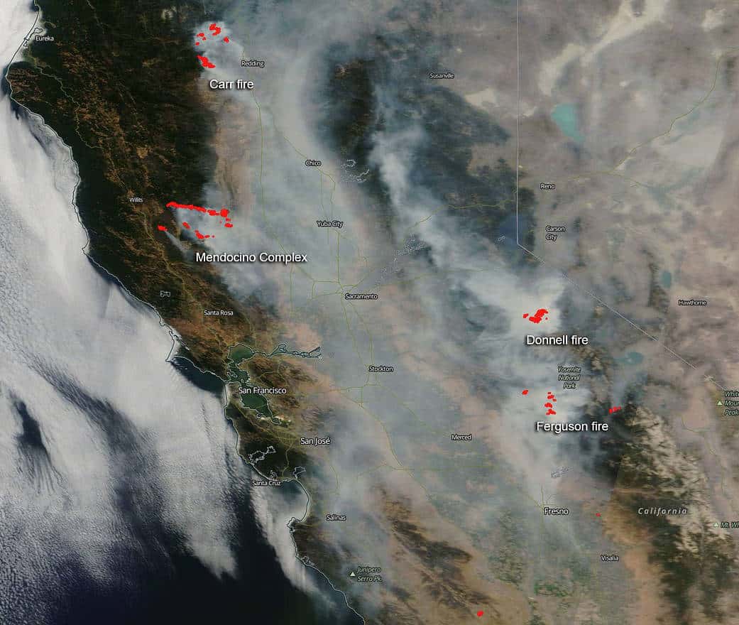 NASA's Aqua satellite captured this image of California fires and smoke blowing from them on August 06, 2018 with the Moderate Resolution Imaging Spectroradiometer, MODIS, instrument.