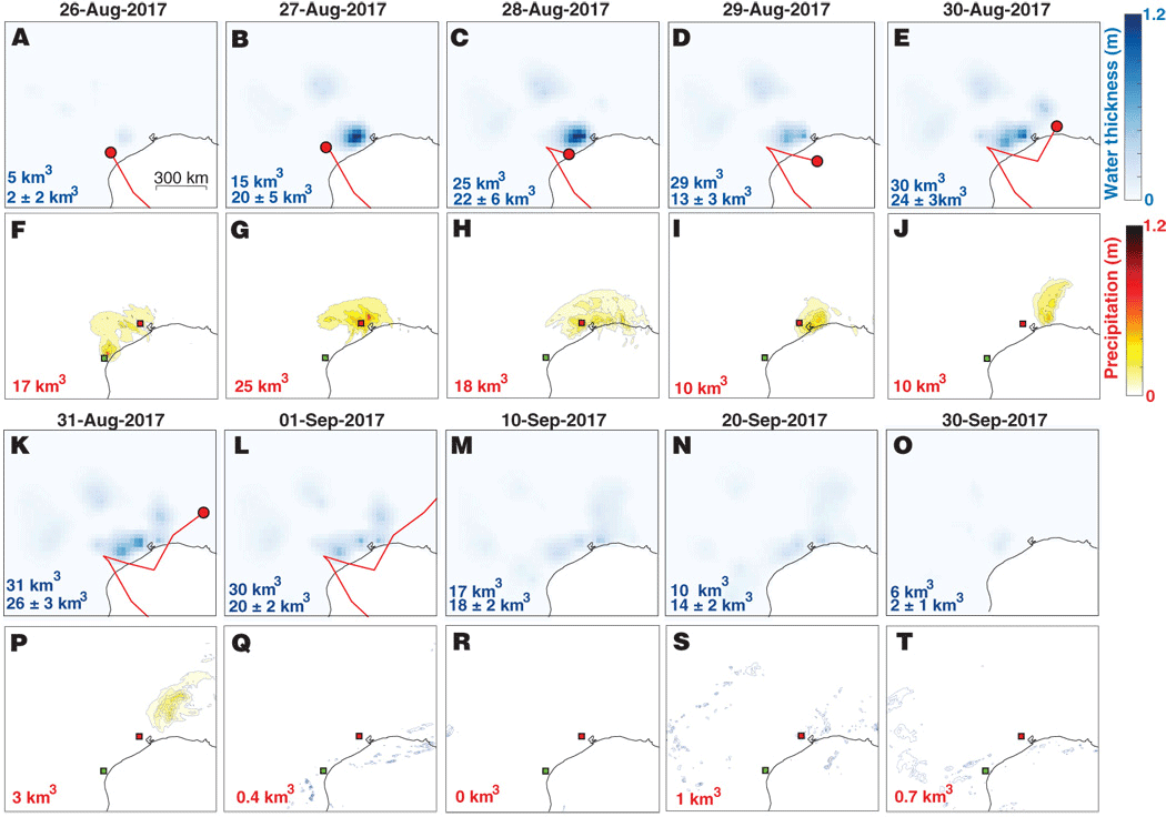 Comparison of accumulation and dissipation of terrestial water storage (TWS) with observed precipitation across the Gulf Coast over time. Figure: Milliner et al., 2018.