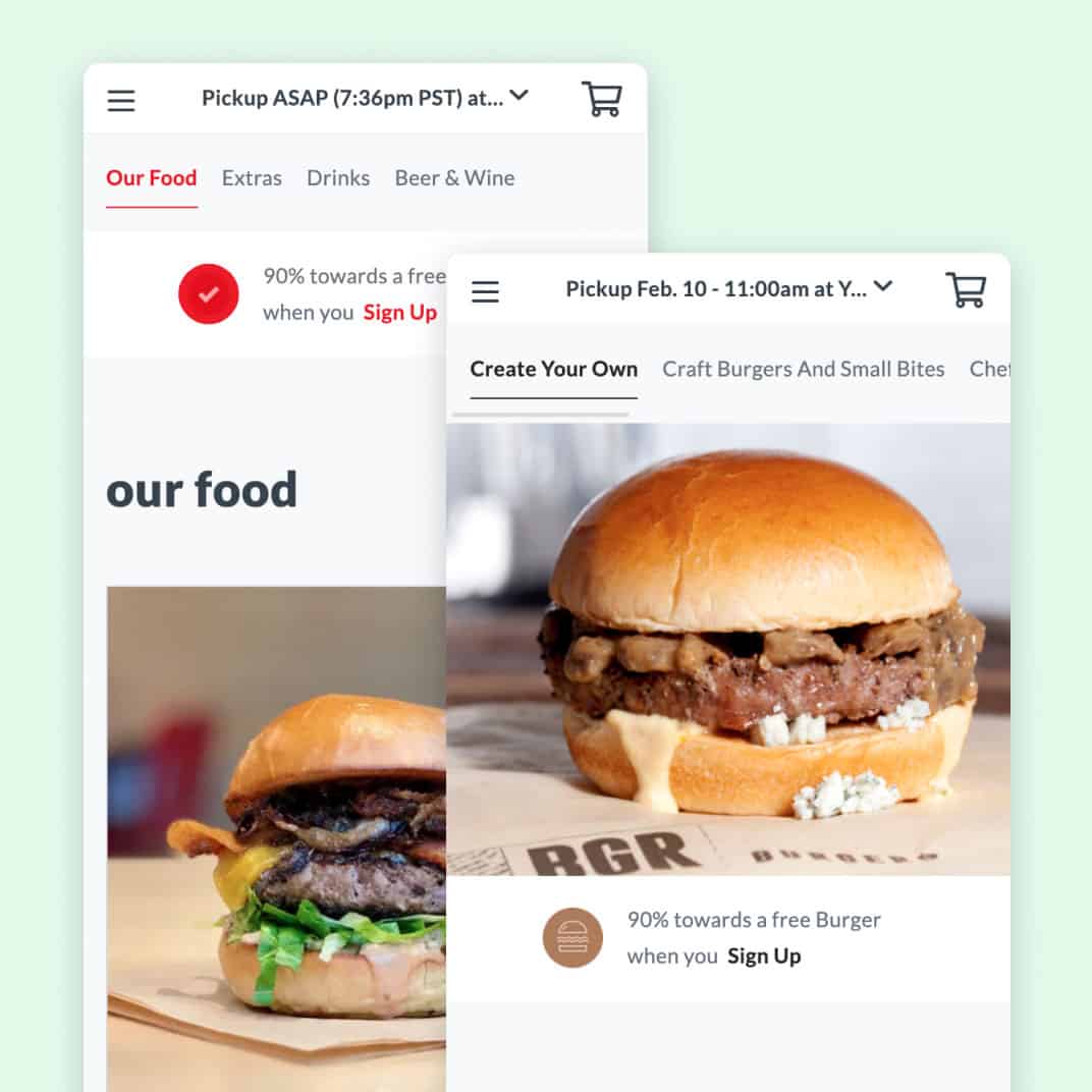 2 screenshots of Amergent Hospitality Group mobile ordering experiences by Thanx