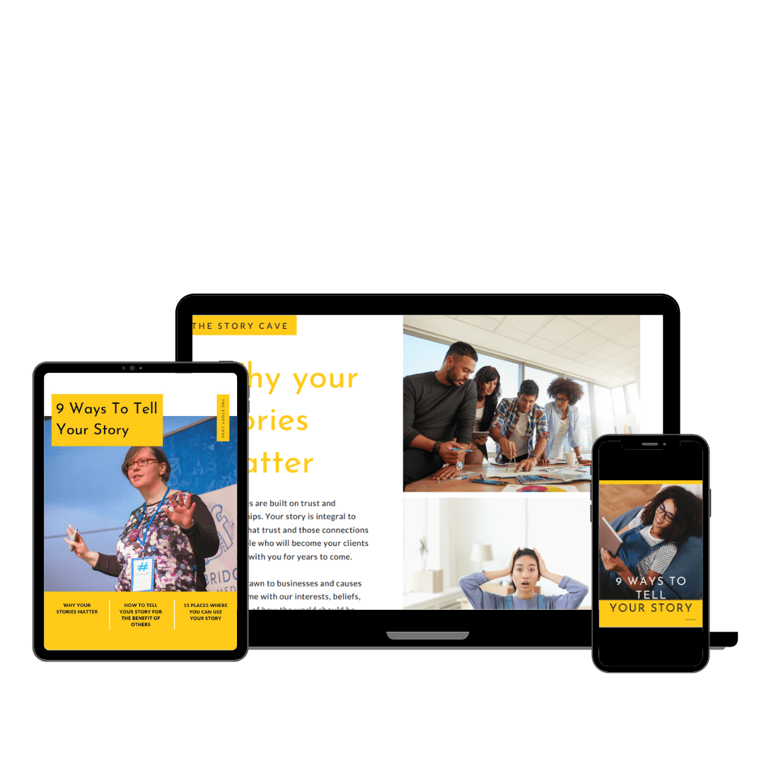 Mock up showing pages from 9 Ways To Tell Your Story on laptop, tablet and smartphone screens