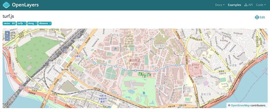 Example showing the integration of turf.js with OpenLayers. The turf.js function along is used to display a marker every 200 meters along a street. Screenshot from OpenLayers.