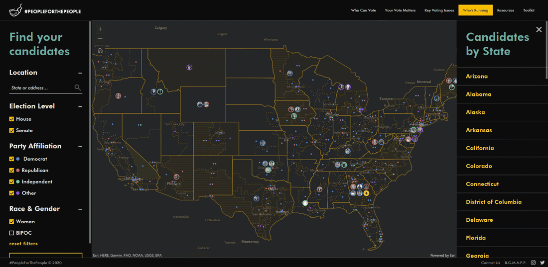 The Find Your Candidate map interface lets visitors search for Senate and House candidates for their jurisdiction. Screenshot from People for the People.