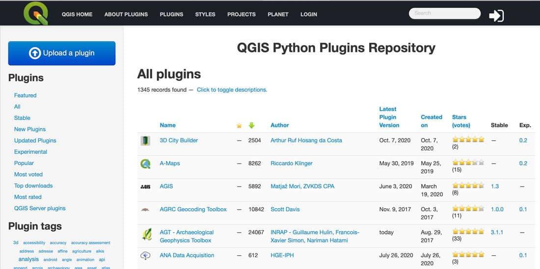 Screenshot of the QGIS Plugins Repository