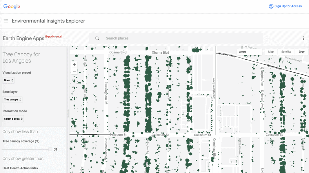 Zoomed in view of the Tree Canopy for Los Angeles map.