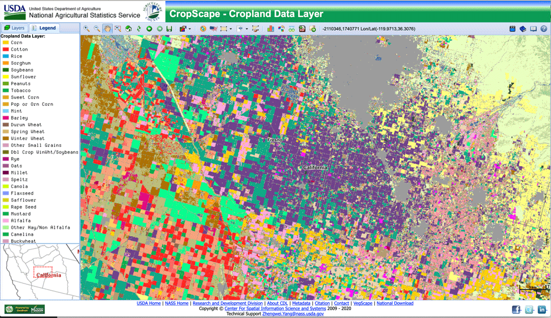Screenshot showing a zoomed in view of cropland data for the Fresno, California area.