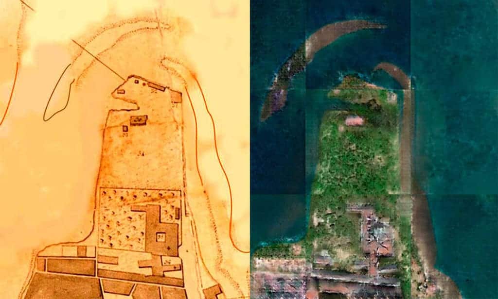 Henrique Andrade and Bruno Fernandes applied Pix2Pix on this 1803 map (L) by José Fernandes Portugal of Recife, Brazil to convert it to an AI-generated image ®. Source: Andrade, H. J., & Fernandes, B. J. (2020). Synthesis of Satellite-Like Urban Images From Historical Maps Using Conditional GAN. IEEE Geoscience and Remote Sensing Letters.