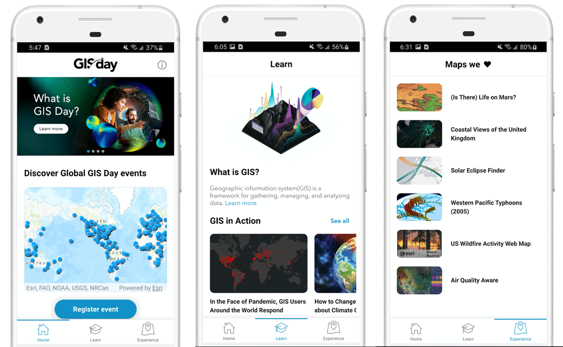 Screenshots from Esri's GIS Day mobile app.