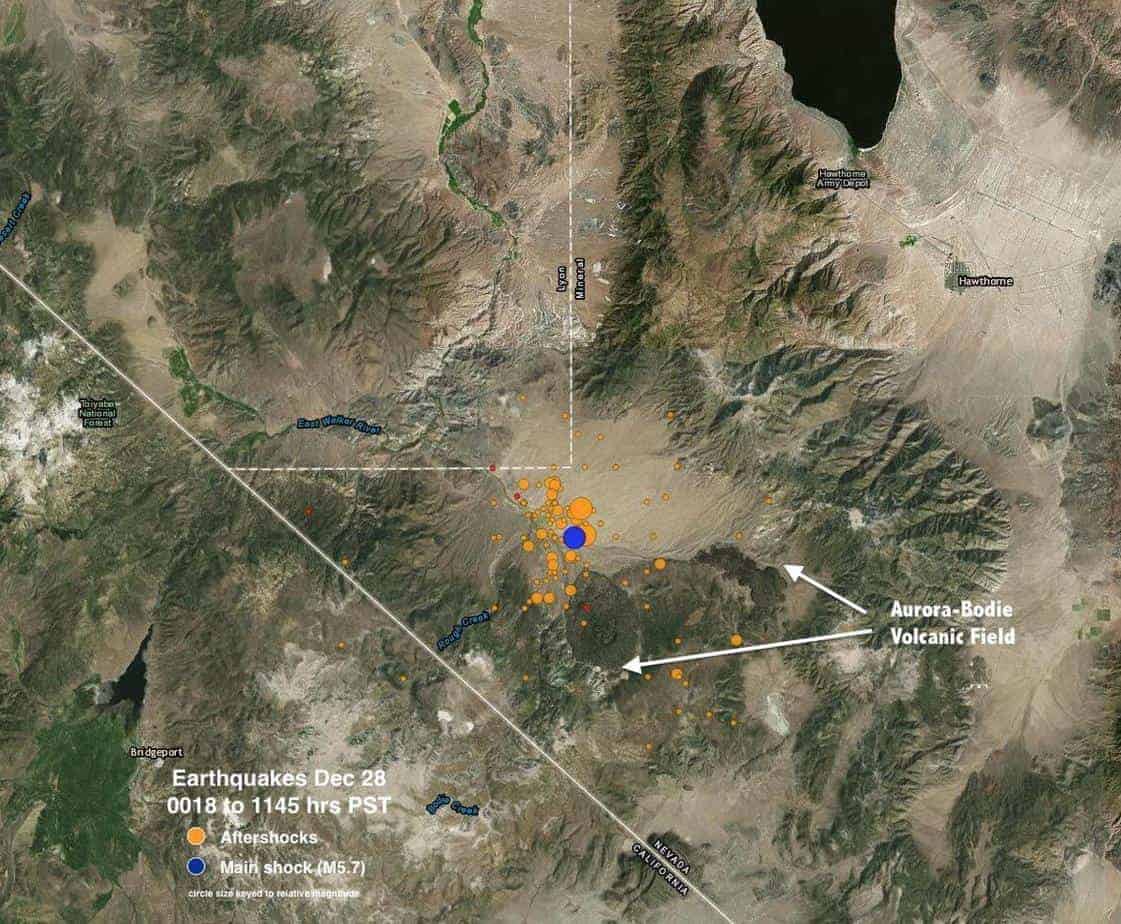 Map showing a satellite image of the Aurora-Bodie Volcanic Field with December 28, 2016 Nevada earthquake swarm locations. Map: USGS, public domain