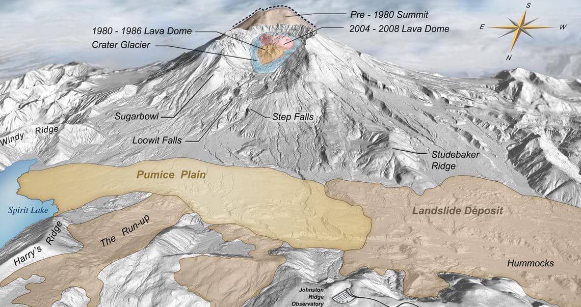 Digital Elevation Map of Mount St. Helens with annotations. Source: USGS, public domain.