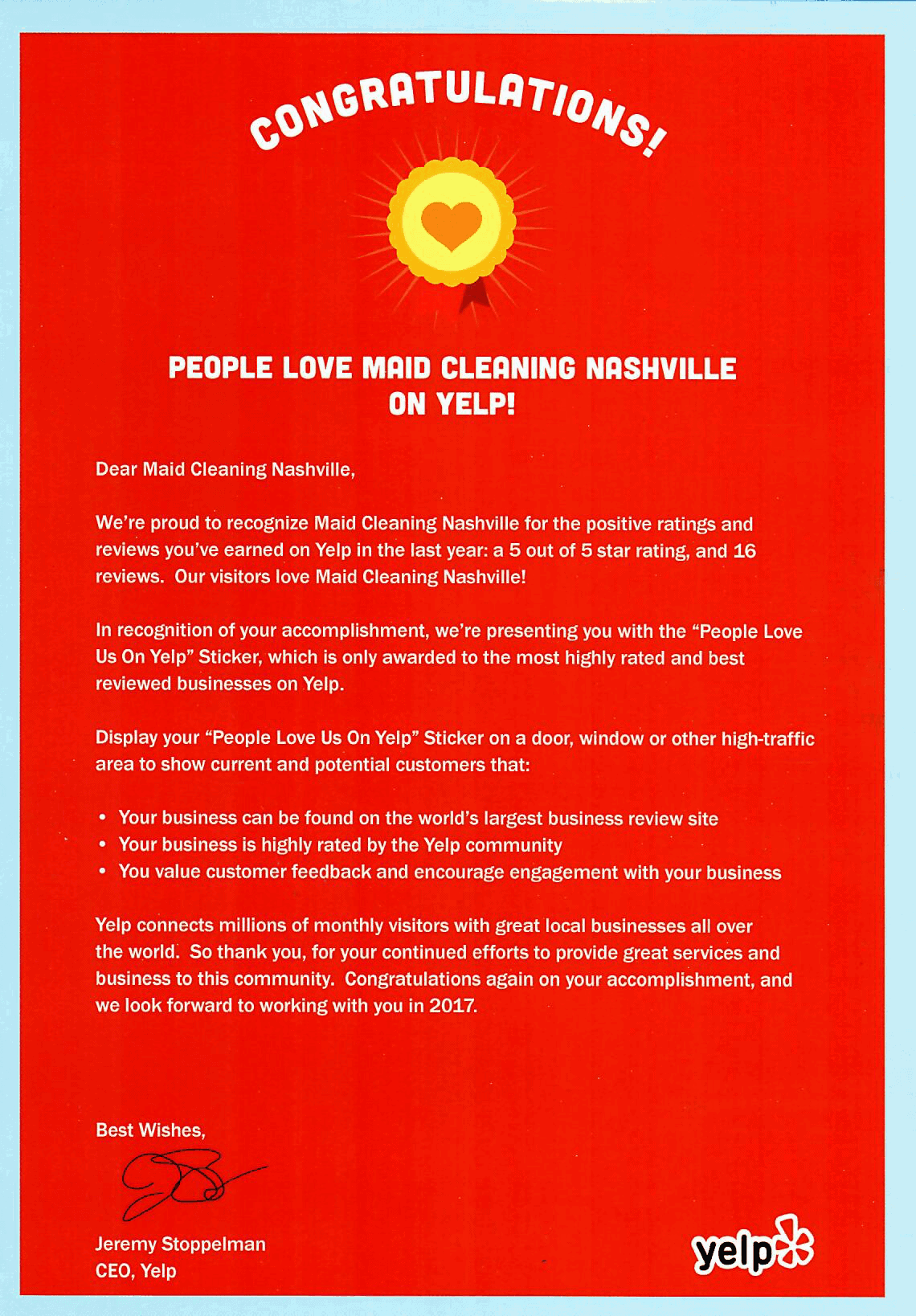 People Love us on Yelp Letter 2016