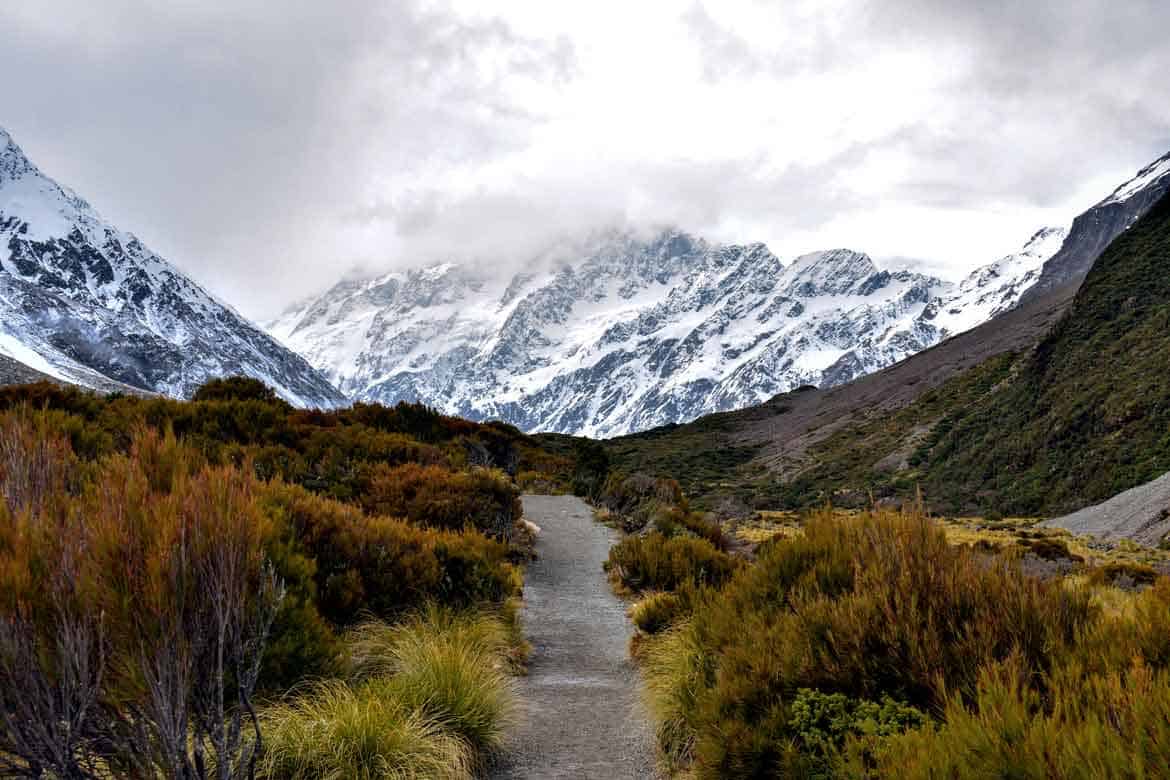 Mount Cook is dominating the horizon during the second part of the hooker valley track hike