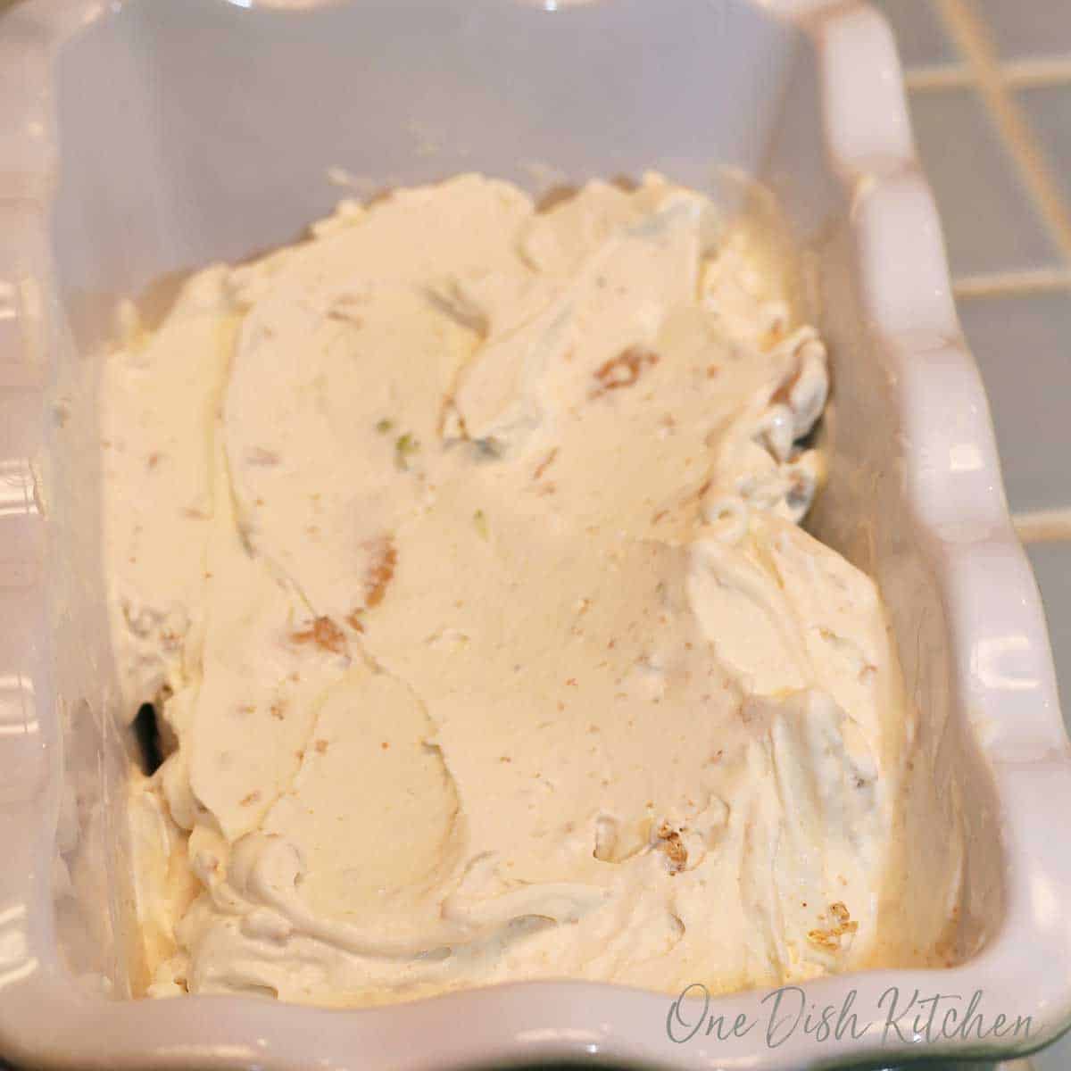 Key lime ice cream in a loaf pan