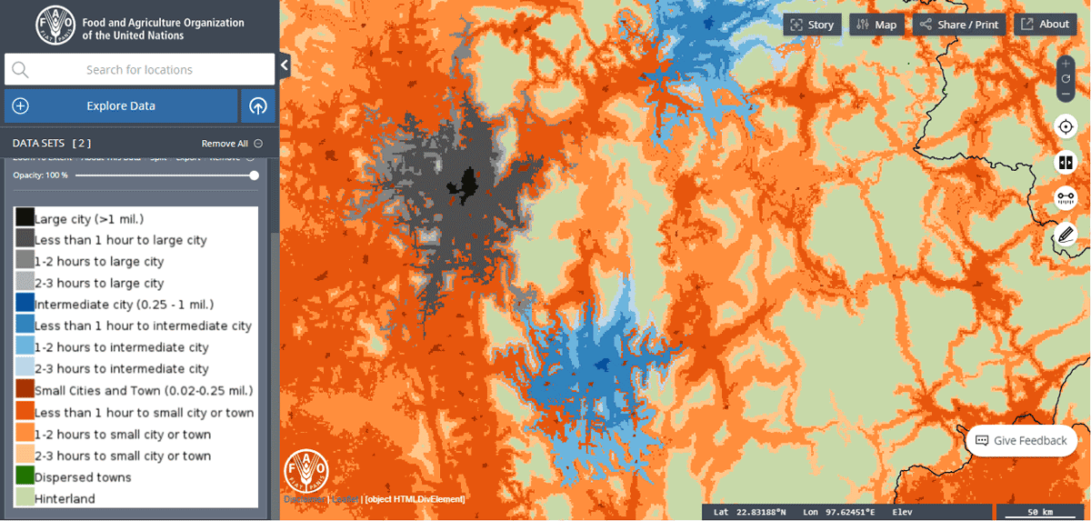 A zoomed-in view of the Urban–Rural Catchment Areas (URCAs) GIS dataset.