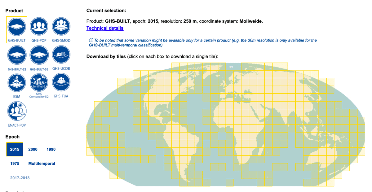 The Atlas of the Human Planet 2020 has an interface for downloading free GIS data produced by the Global Human Settlement Layer. Screenshot from Atlas of the Human Planet.