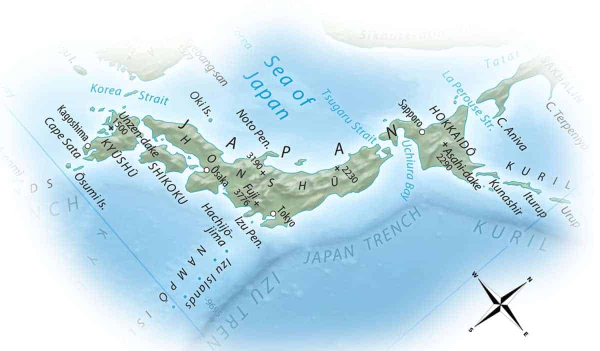 Equal Earth map showing Japan. Snow Country in Japan is found on the northwestern part of Honshu Island and Hokkaido Island.