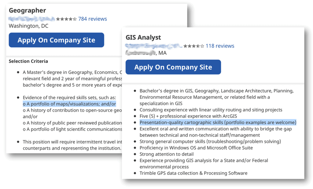 A screenshot of two GIS jobs that require a GIS portfolio.