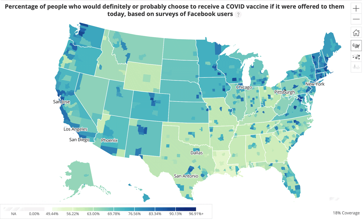 Map showing Covid-19 acceptance rates by U.S. county for January 21, 2021.