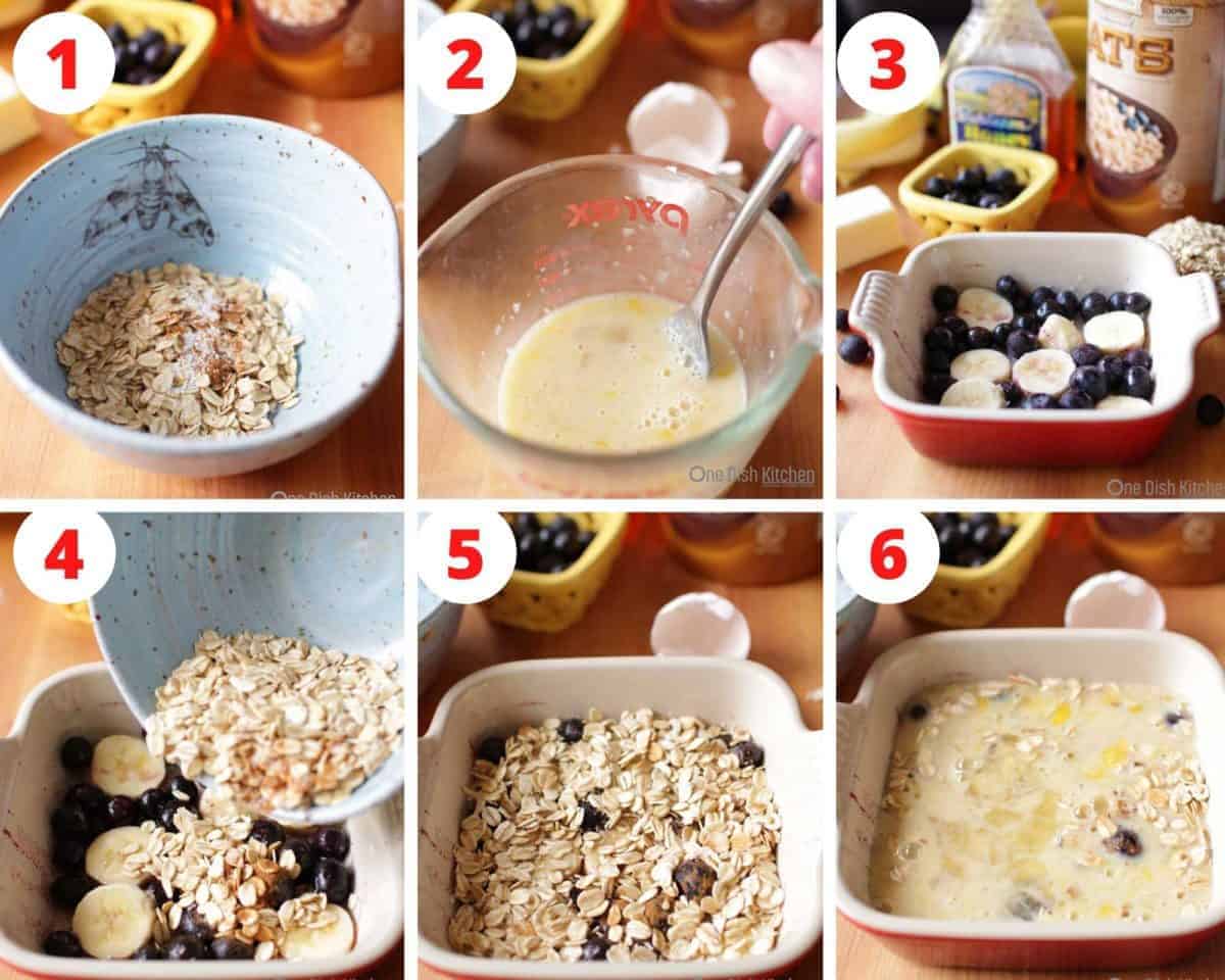 Six photos showing how to make baked oatmeal