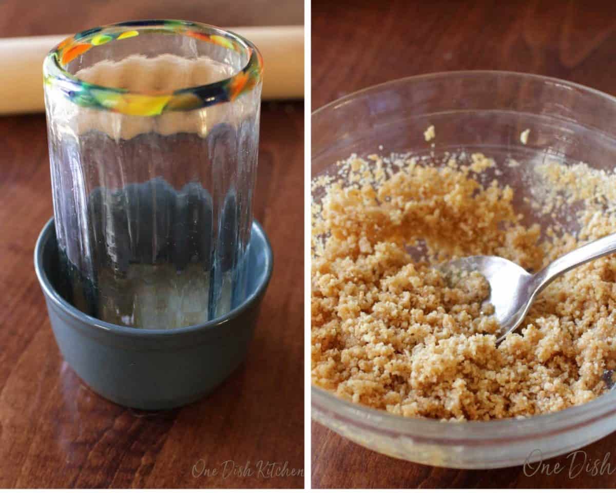 graham crackers mixed with melted butter in a large mixing bowl.