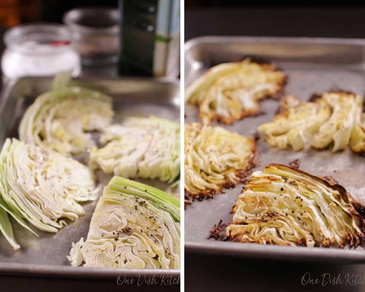 cabbage wedges on a baking tray