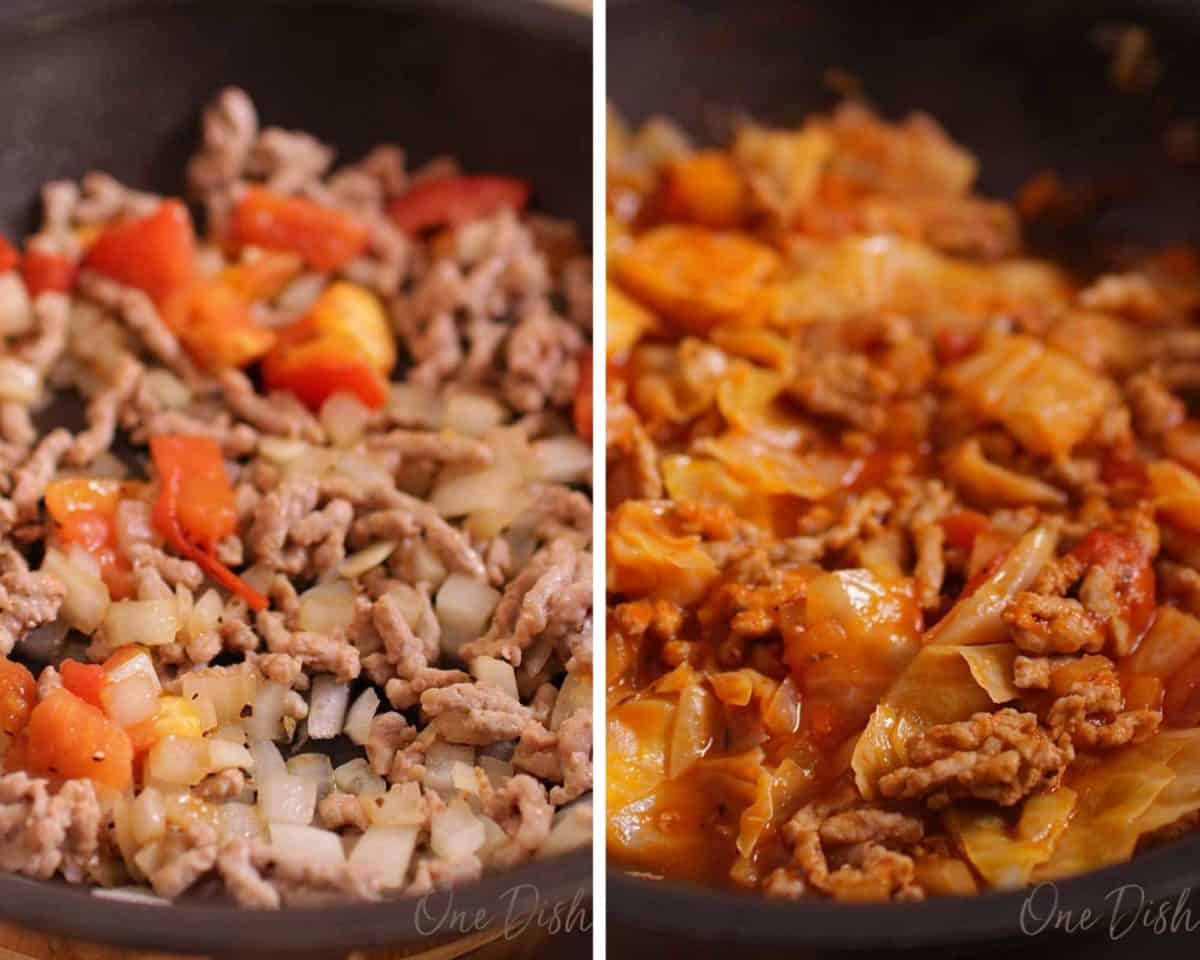 a black skillet filled with ground pork, onions, tomatoes and sauce.