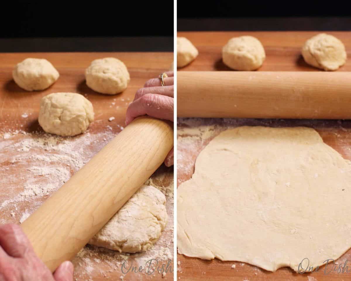 rolling out the dough for tortillas next to a flattened tortilla and a rolling pin