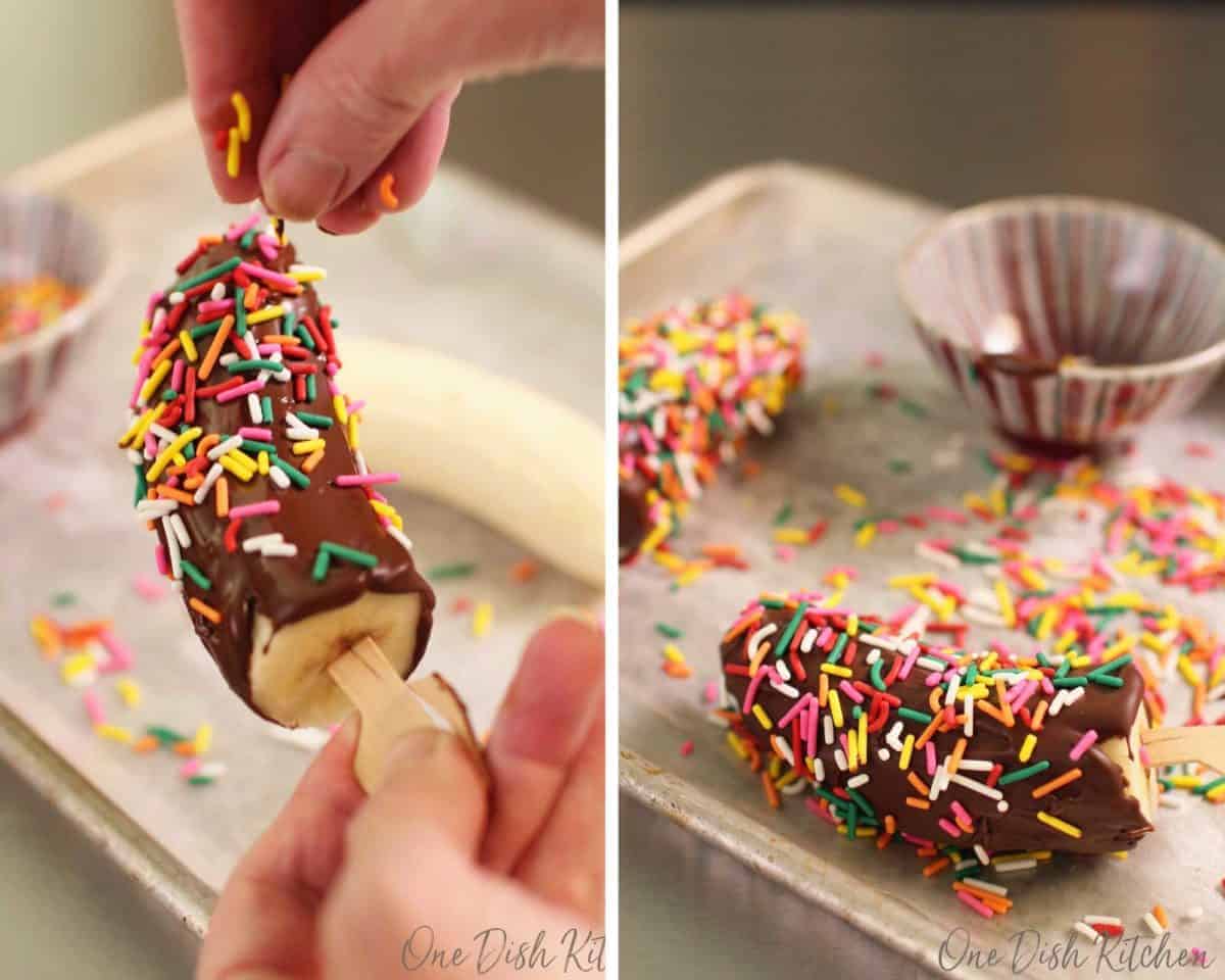 adding sprinkles to a chocolate covered banana.