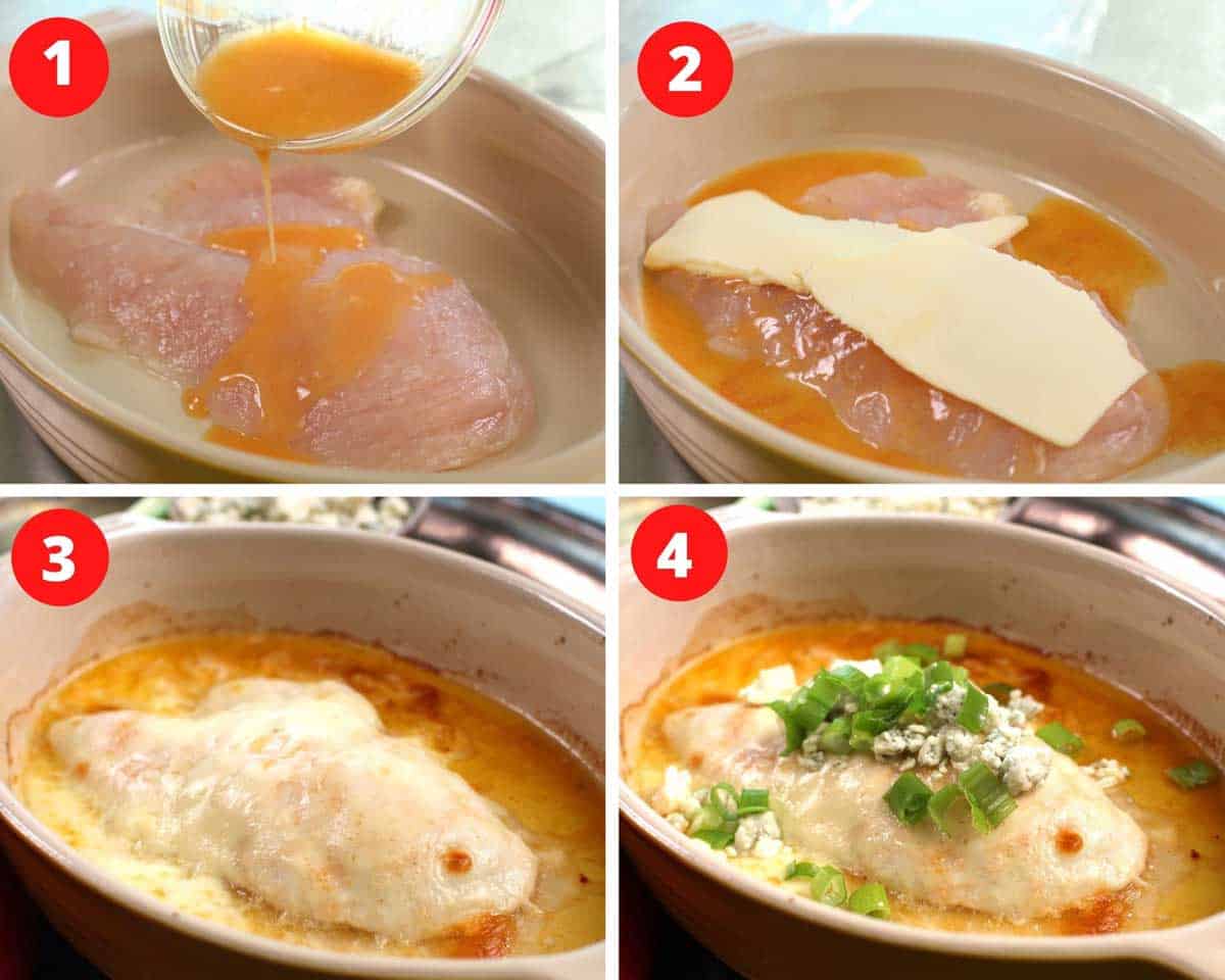 four photos showing how to make buffalo chicken.