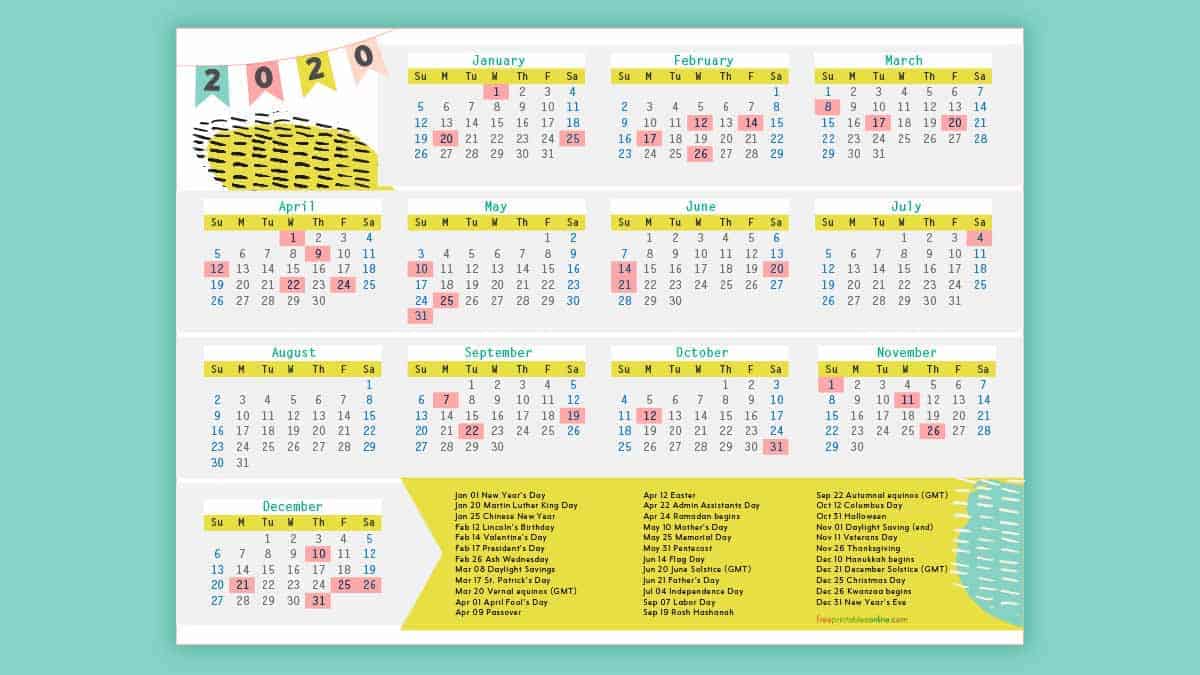 Free Printable 2020 Calendar with Holidays