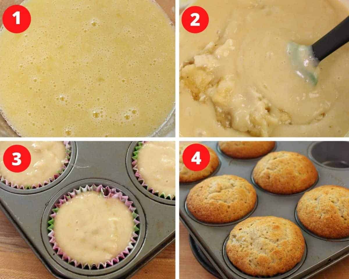 four pictures showing how to make banana muffins, from mixing the batter to pouring the batter into muffin tins.