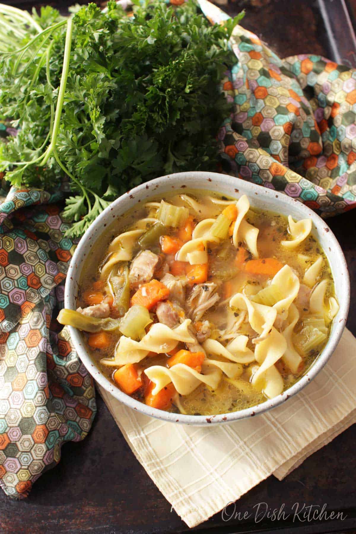 An overhead view of a bowl of chicken noodle soup