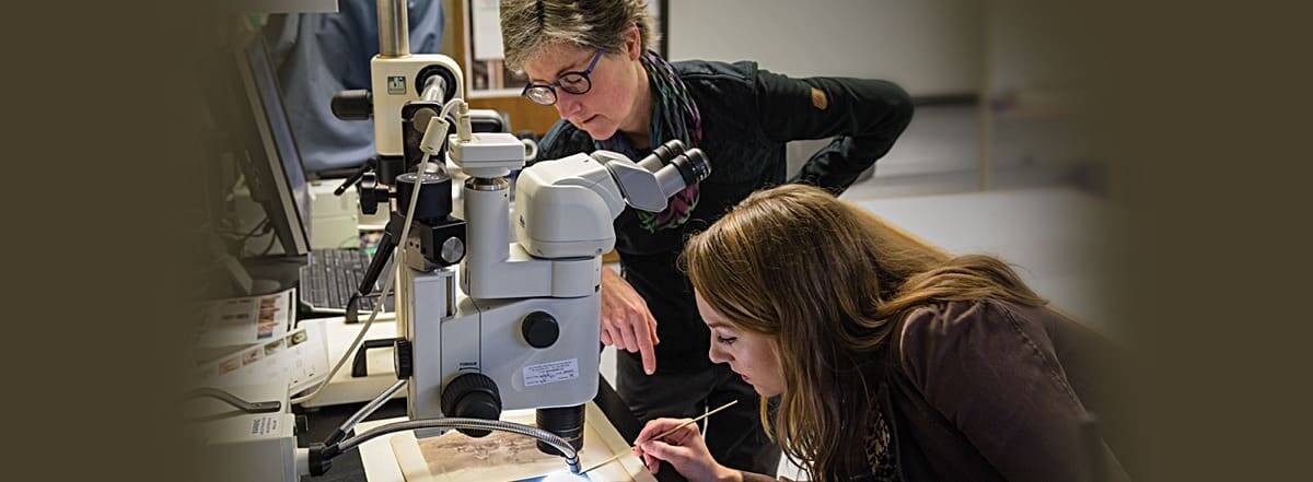 Associate Prof. Julie McGee (left), an expert curator, helps students look for the hidden gems in collections that offer few clues. Associate Prof. Julie McGee (left), an expert curator, helps students look for the hidden gems in collections that offer few clues.