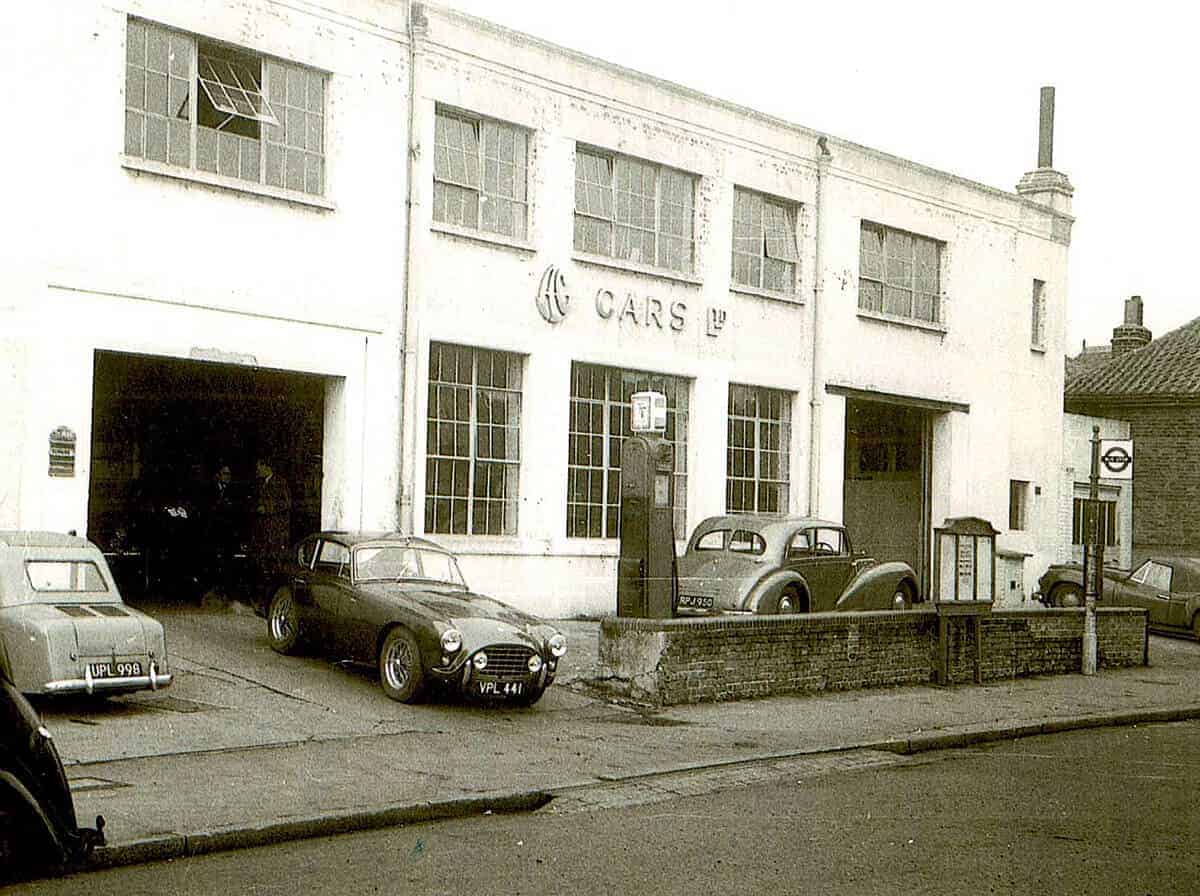 AC Bluebird outside AC Cars Ltd at Thames Ditton