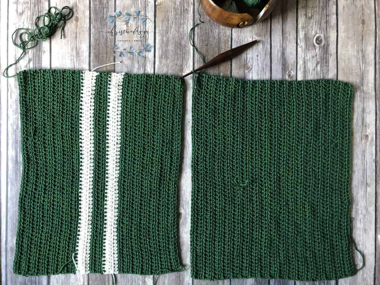 picture of two crochet refcatngles side bye side in green for crochet kids shirt